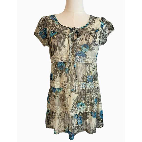 Y2K Self Esteem Womens Top Medium Babydoll Lace Trim Fairy Grunge Hipster Sheer - Picture 1 of 7